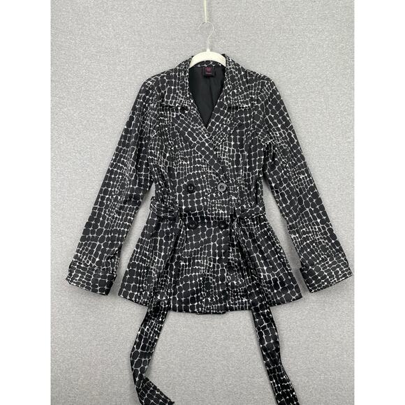 y2k Abstract Belted Trench Jacket Womens M Black White Geometric Print Wrap Coat - Picture 16 of 16